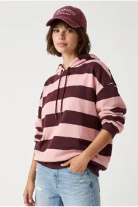Drop by TrendyolMilla Thick Striped Hooded Oversized Sweatshirt Plum- PINK