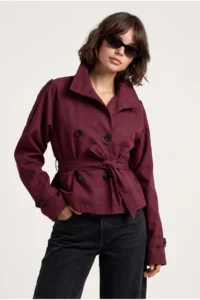 Drop by TrendyolMilla Burgundy High Neck Lined Arched Trench Coat - Image 2