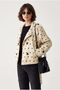 Drop by TrendyolMilla Arched Double breasted Polka Dot Lined Short Trench Coat Beige - Image 2