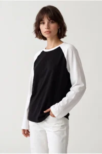 Drop by TrendyolMilla Black WHITE Cotton Color Bloklu Oversized Raglan Sleeve Tshirt - Image 2