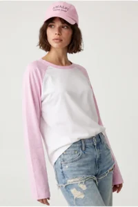 Drop by TrendyolMilla PINK WHITE Cotton Color Bloklu Oversized Raglan Sleeve Tshirt - Image 2
