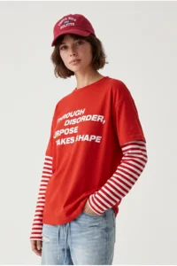 Drop by TrendyolMilla Red Font Printed Modal Fabric Sleeves Striped Tshirt - Image 2