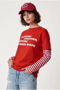 Drop by TrendyolMilla Red Font Printed Modal Fabric Sleeves Striped Tshirt - Image 3