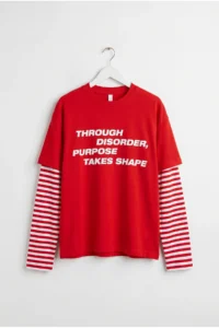 Drop by TrendyolMilla Red Font Printed Modal Fabric Sleeves Striped Tshirt - Image 4