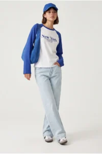 Drop by TrendyolMilla NAVY BLUE New York Printed Cotton Double Colorful Long Sleeve T-Shirt - Image 3