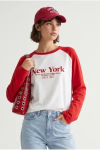 Drop by TrendyolMilla Red New York Printed Cotton Double Colorful Long Sleeve T-Shirt - Image 2