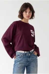 Drop by TrendyolMilla Burgundy 91 Printed Long Sleeve T-Shirt Burgundy - Image 2
