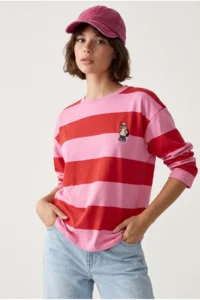 Drop by TrendyolMilla Oversized PINK Striped Karakter Embroidered SweaT-Shirt PINK