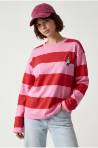 Drop by TrendyolMilla Oversized PINK Striped Karakter Embroidered SweaT-Shirt PINK - Image 2