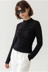 Drop by TrendyolMilla Ruffle Detailed Draped Long Sleeve Black Blouse