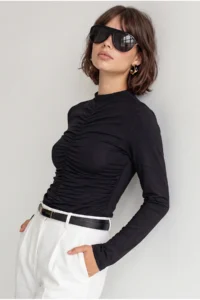 Drop by TrendyolMilla Ruffle Detailed Draped Long Sleeve Black Blouse - Image 2