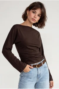 Drop by TrendyolMilla Brown Boat Neck Draped Gather Detailed Long Sleeve Flexible Blouse