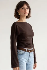 Drop by TrendyolMilla Brown Boat Neck Draped Gather Detailed Long Sleeve Flexible Blouse - Image 2