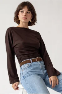 Drop by TrendyolMilla Brown Boat Neck Draped Gather Detailed Long Sleeve Flexible Blouse - Image 3