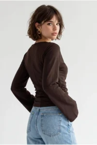 Drop by TrendyolMilla Brown Boat Neck Draped Gather Detailed Long Sleeve Flexible Blouse - Image 4