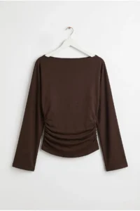 Drop by TrendyolMilla Brown Boat Neck Draped Gather Detailed Long Sleeve Flexible Blouse - Image 5