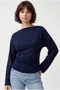 Drop by TrendyolMilla NAVY BLUE Boat Neck Draped Gather Detailed Long Sleeve Flexible Blouse