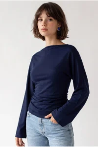 Drop by TrendyolMilla NAVY BLUE Boat Neck Draped Gather Detailed Long Sleeve Flexible Blouse - Image 3