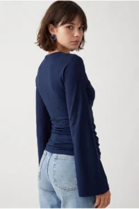 Drop by TrendyolMilla NAVY BLUE Boat Neck Draped Gather Detailed Long Sleeve Flexible Blouse - Image 4