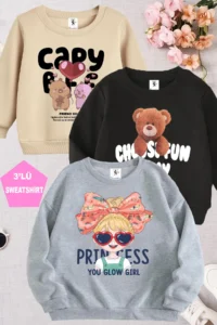 twins tailors Capybara And Princess Girl Printed Grey-Black-Beige Triple Crew Neck Girl's Sweatshirt