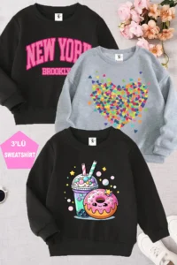 twins tailors Grey-Black Triple Crew Neck Girl's Sweatshirt with Fleece Heart Print on the Inside