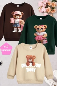 twins tailors Teddy Bear Printed Brown-Beige-Green Triple Crew Neck Girl's Sweatshirt
