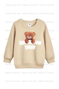 twins tailors Teddy Bear Printed Brown-Beige-Green Triple Crew Neck Girl's Sweatshirt - Image 2