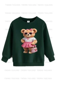 twins tailors Teddy Bear Printed Brown-Beige-Green Triple Crew Neck Girl's Sweatshirt - Image 4