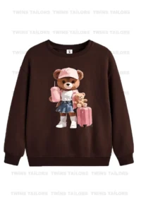 twins tailors Teddy Bear Printed Brown-Beige-Green Triple Crew Neck Girl's Sweatshirt - Image 6