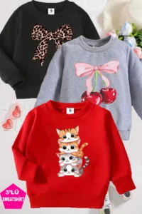twins tailors Black-Grey-Red Triple Crew Neck Girl's Sweatshirt with Fleece Cat and Ribbon Printed Inside