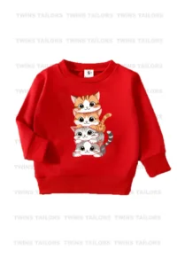 twins tailors Black-Grey-Red Triple Crew Neck Girl's Sweatshirt with Fleece Cat and Ribbon Printed Inside - Image 2