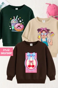 twins tailors Girls' 3-Pack Petite Checkered Cherry and Girl Printed Green-Beige-Brown Children's Sweatshirt