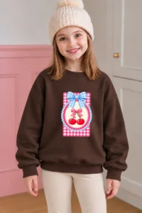 twins tailors Girls' 3-Pack Petite Checkered Cherry and Girl Printed Green-Beige-Brown Children's Sweatshirt - Image 2