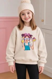 twins tailors Girls' 3-Pack Petite Checkered Cherry and Girl Printed Green-Beige-Brown Children's Sweatshirt - Image 4