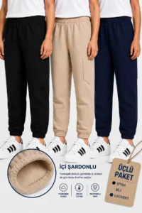 twins tailors Unisex 3-Pack Beige-Black-Navy Blue Children's Sweatpants with Ribbon Inside and Elastic Waist and Leg Legs