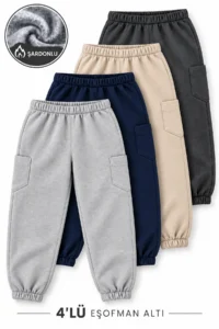 twins tailors Unisex 4-Piece Pack Navy Blue-Beige-Anthracite-Grey Children's Sweatpants with Ribbon Inside and Elastic Waist and Leg Legs