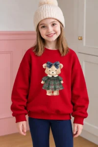 twins tailors Girl's 3-Piece Pack with Rose Flower Pincess Girl and Bear Printed Red-Navy Blue-Beige Children's Sweatshirt - Image 2