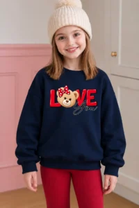 twins tailors Girl's 3-Piece Pack with Rose Flower Pincess Girl and Bear Printed Red-Navy Blue-Beige Children's Sweatshirt - Image 4