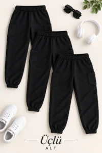 twins tailors Unisex 3-Pack Black Children's Sweatpants with Ribbon Inside and Elastic Waist and Legs