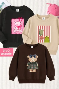 twins tailors Girl's 3-Piece Pack of Rose Gold Crew Neck Frog and Teddy Printed Black-Beige-Brown Children's Sweatshirt