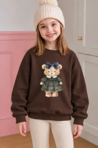 twins tailors Girl's 3-Piece Pack of Rose Gold Crew Neck Frog and Teddy Printed Black-Beige-Brown Children's Sweatshirt - Image 2