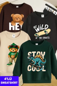 twins tailors Brown-Beige-Black-Green Quadruple Crew Neck Children's Sweatshirt with Fleece Inside Skateboard, Dinosaur and Teddy Printed