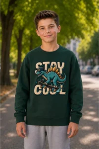 twins tailors Brown-Beige-Black-Green Quadruple Crew Neck Children's Sweatshirt with Fleece Inside Skateboard, Dinosaur and Teddy Printed - Image 2