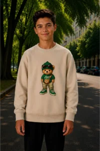 twins tailors Brown-Beige-Black-Green Quadruple Crew Neck Children's Sweatshirt with Fleece Inside Skateboard, Dinosaur and Teddy Printed - Image 4