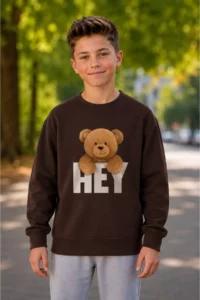 twins tailors Brown-Beige-Black-Green Quadruple Crew Neck Children's Sweatshirt with Fleece Inside Skateboard, Dinosaur and Teddy Printed - Image 6