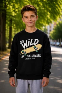 twins tailors Brown-Beige-Black-Green Quadruple Crew Neck Children's Sweatshirt with Fleece Inside Skateboard, Dinosaur and Teddy Printed - Image 8