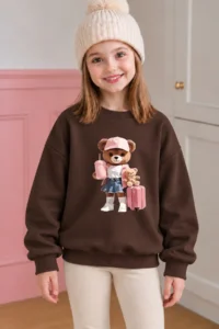 twins tailors Girl's 3-Piece Pack of Raised Teddy and Donut Printed Navy Blue-Green-Brown Children's Sweatshirts - Image 6