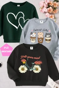 twins tailors Bicycle And Cat Printed Green-Grey-Black Triple Crew Neck Girl's Sweatshirt