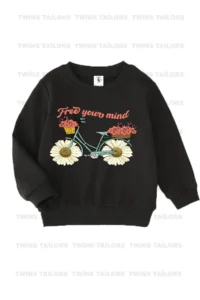 twins tailors Bicycle And Cat Printed Green-Grey-Black Triple Crew Neck Girl's Sweatshirt - Image 2