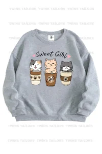 twins tailors Bicycle And Cat Printed Green-Grey-Black Triple Crew Neck Girl's Sweatshirt - Image 4
